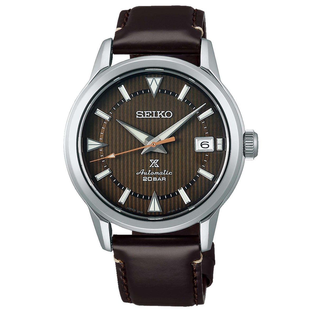 Men's automatic watch with brown dial, stainless case, and dark brown leather strap.