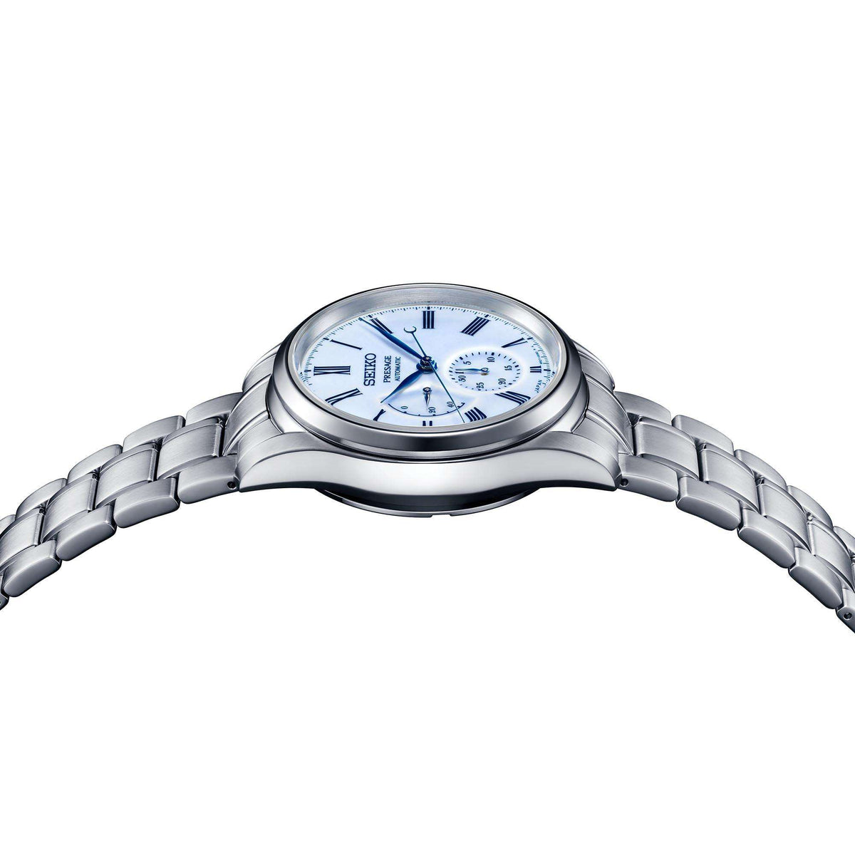 Men's automatic steel watch case with blue dial and steel bracelet, top view