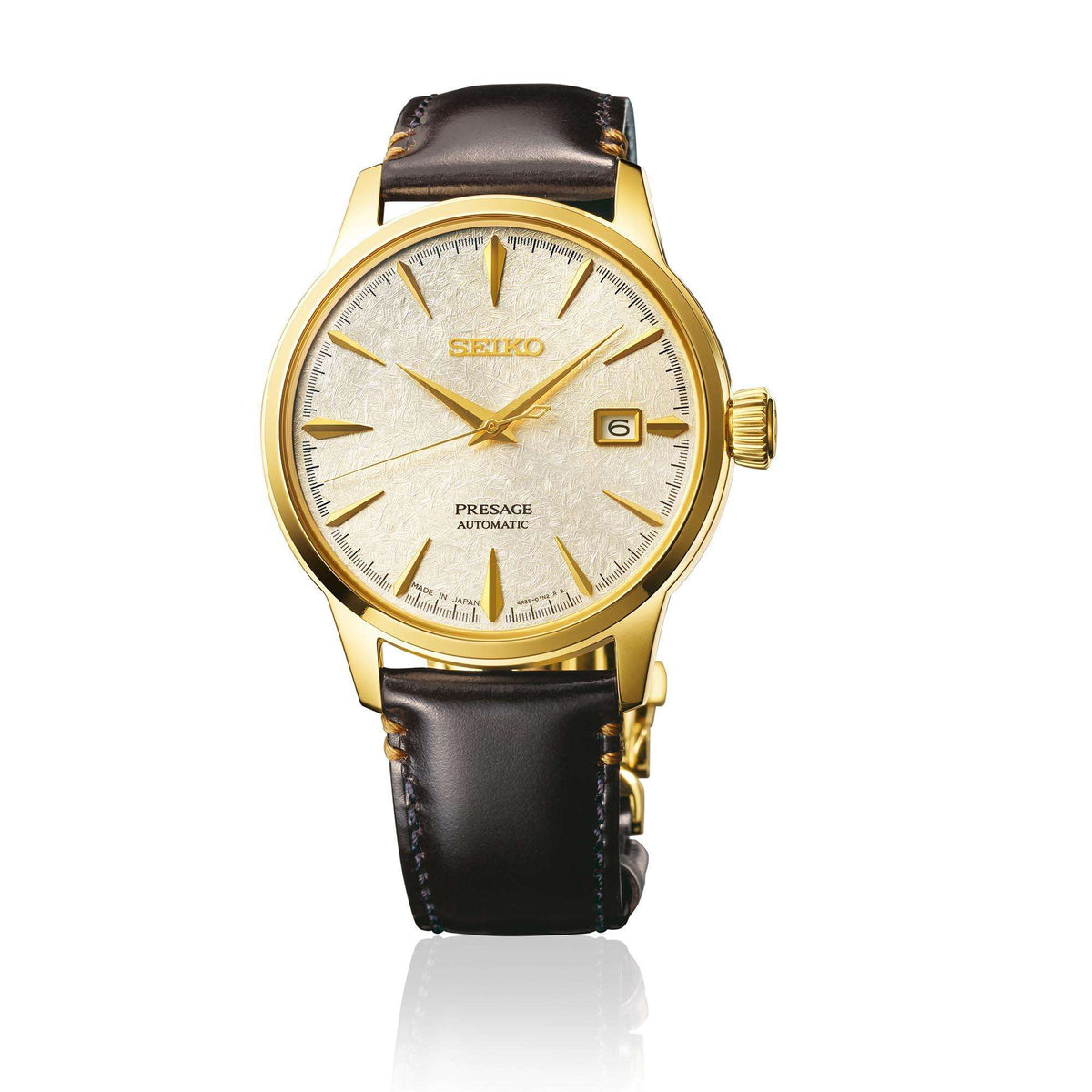 Seiko Presage watch with a brown leather strap on a white background
