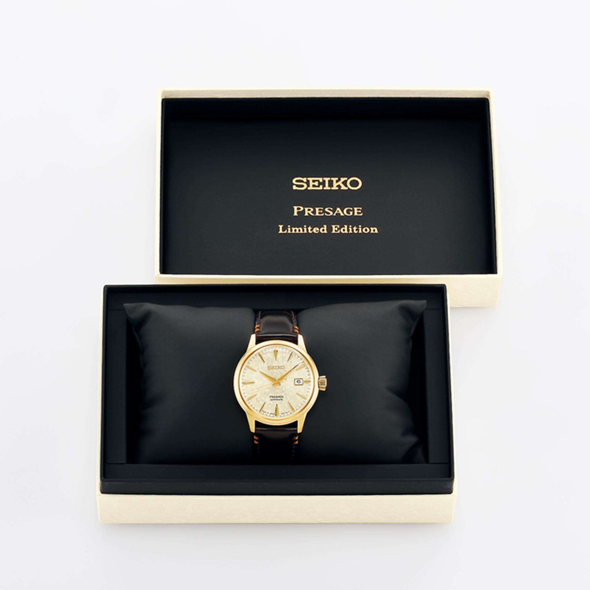 Seiko Presage SRPH78J1 watch in a black box on a white background