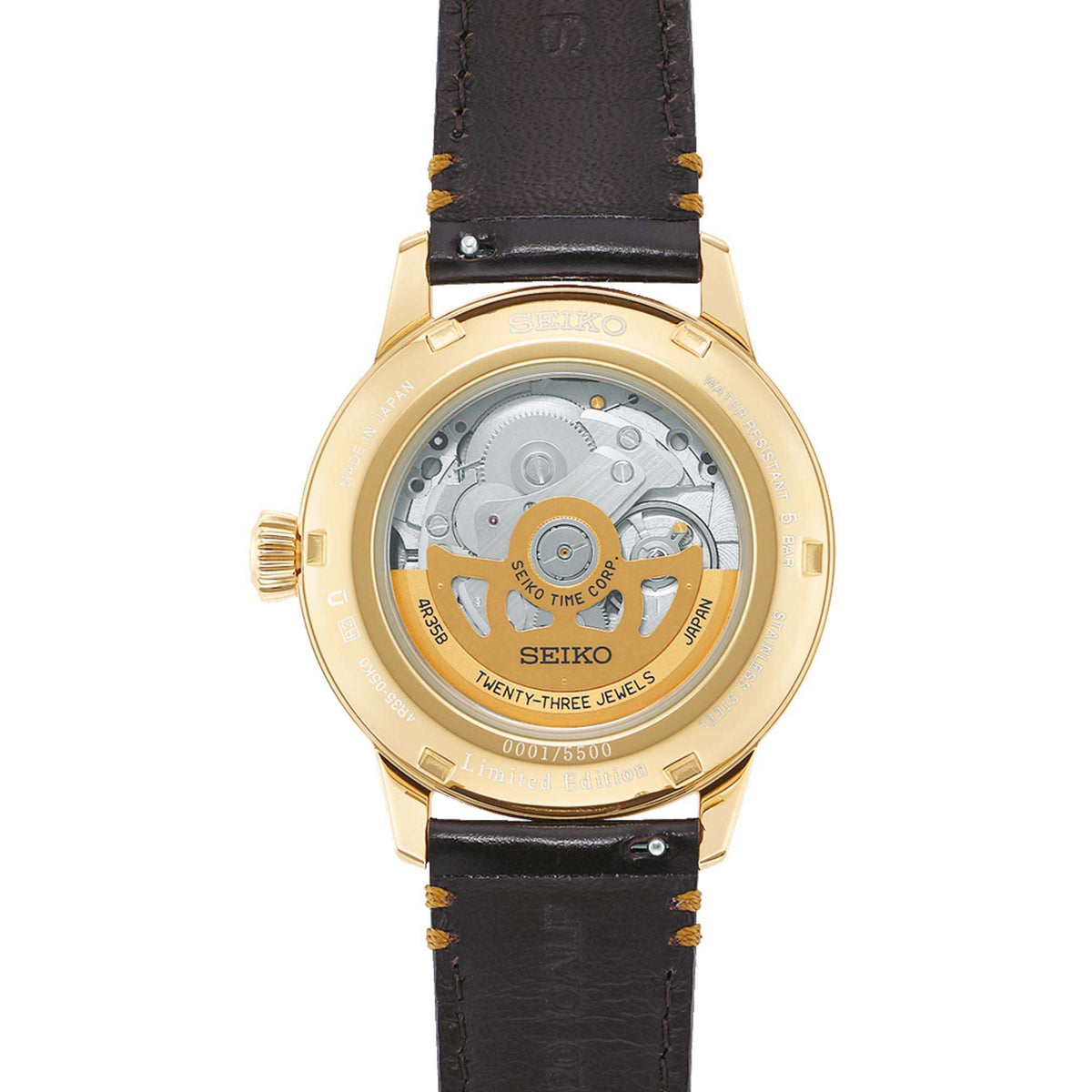Seiko Presage Cocktail Time watch with a see-through caseback with brown leather strap on a white background