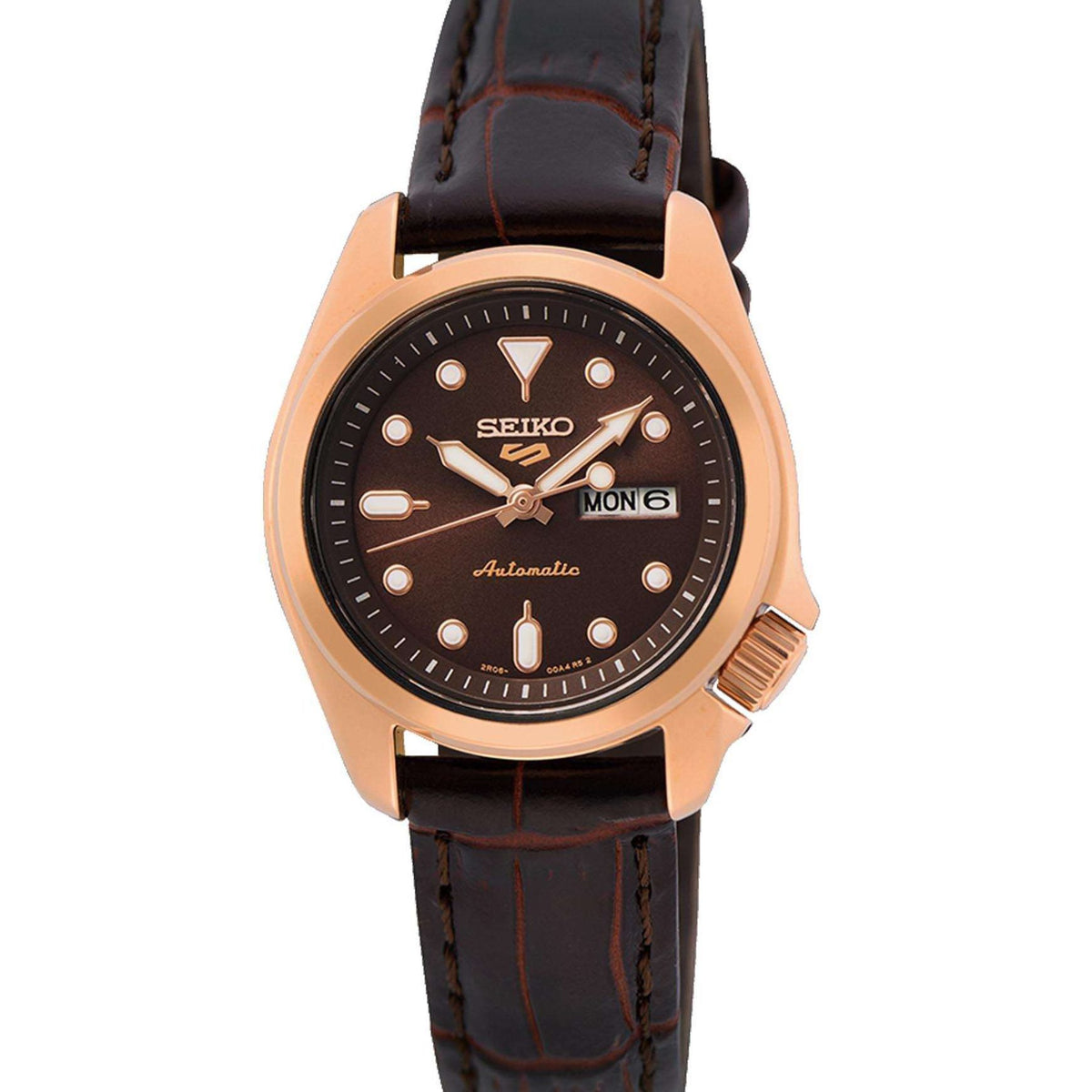 Ladies automatic wristwatch with rose-gold case, black dial, and black leather strap