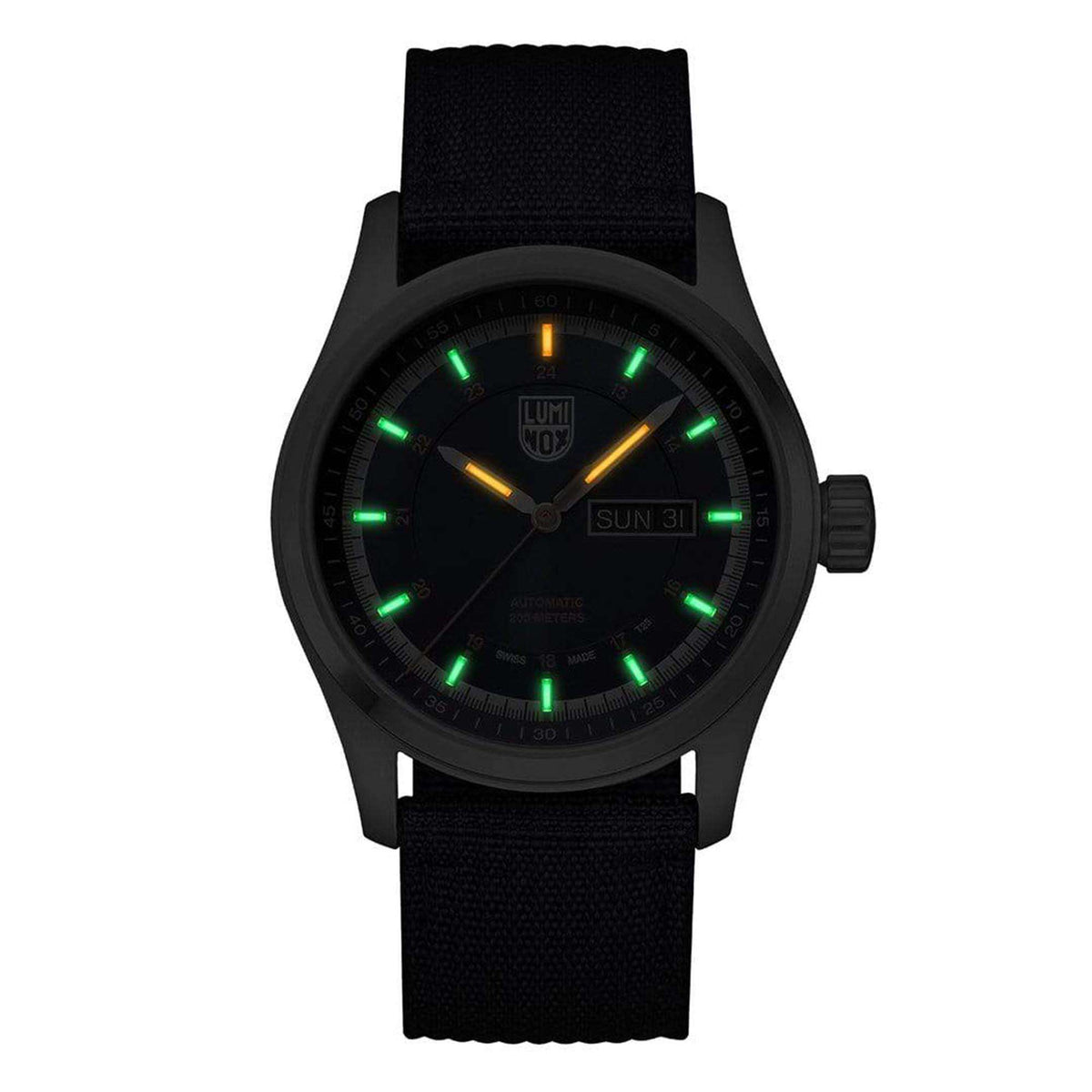 Black field watch with green luminous hour markers and black fabric strap; SUN 31 date