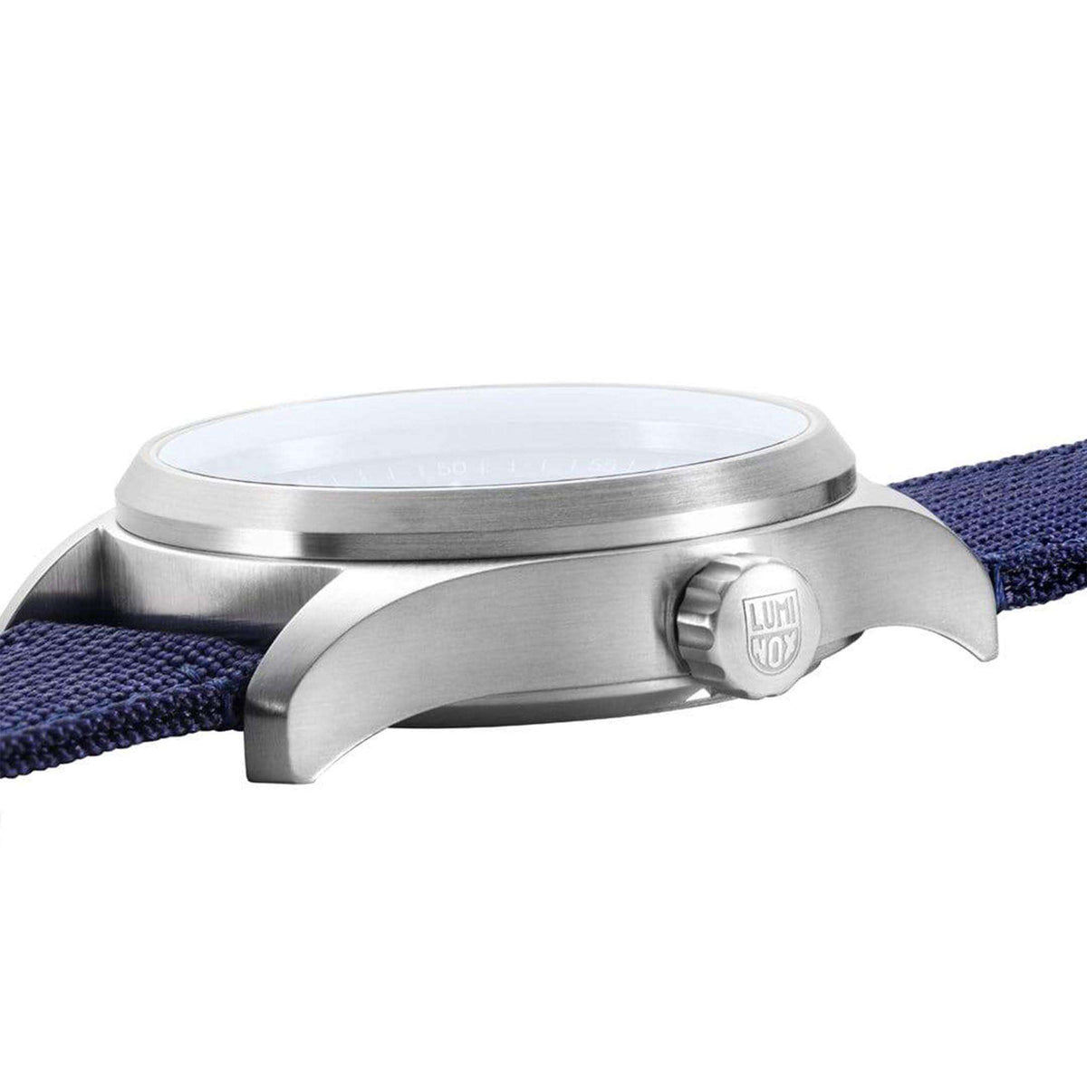 Round stainless steel watch case with crown detail and blue woven fabric strap