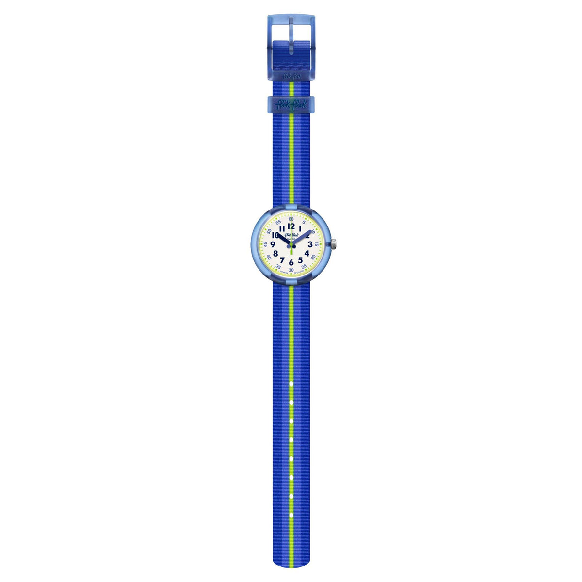 Boys' wristwatch with blue dial and long blue fabric strap with green stripe