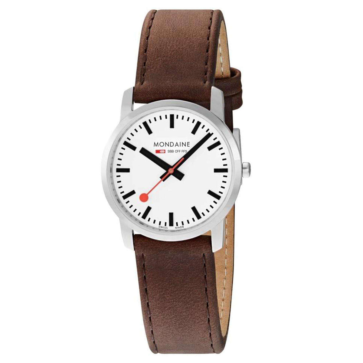Mondaine quartz wrist watch with white dial and red second markers, brown leather strap