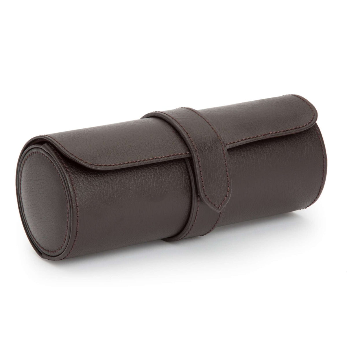 Brown leather-look triple watch roll, side view with snap-closure flap and rolled compartments