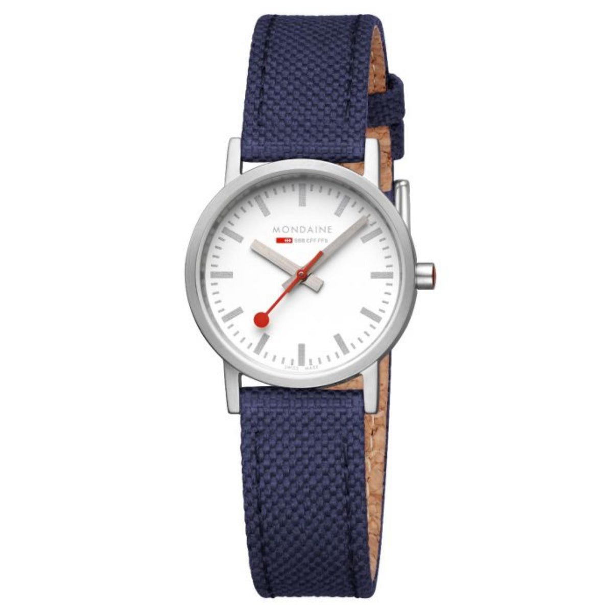 Ladies quartz wristwatch with silver case, white dial and blue textile strap