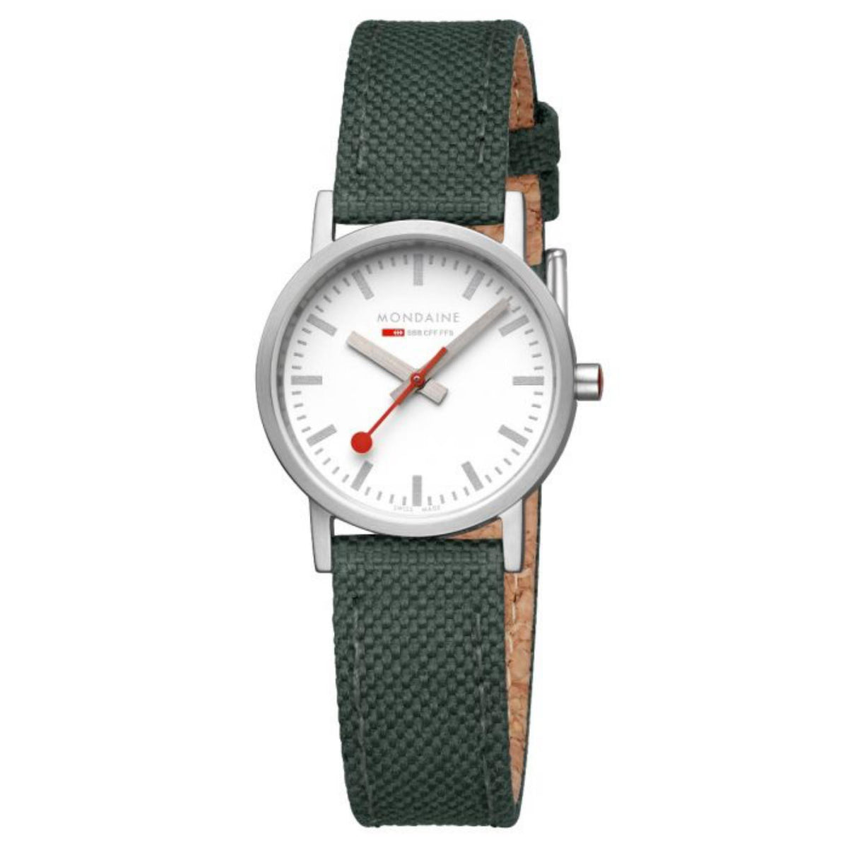 Mondaine quartz ladies watch with white dial, green textile strap, silver case