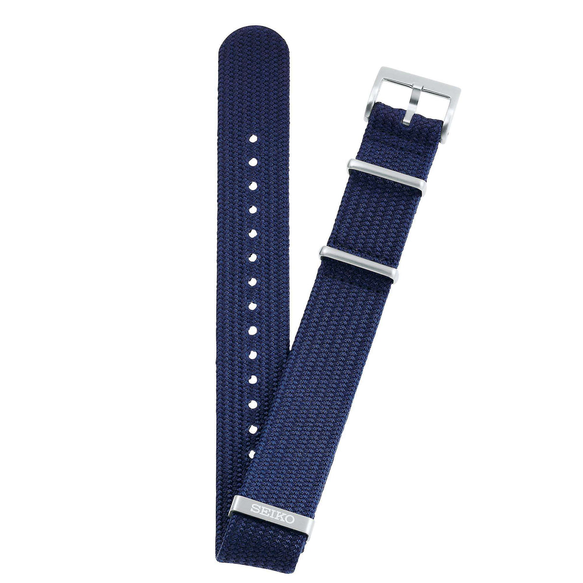 Blue fabric watch strap with metal clasp and adjustment holes