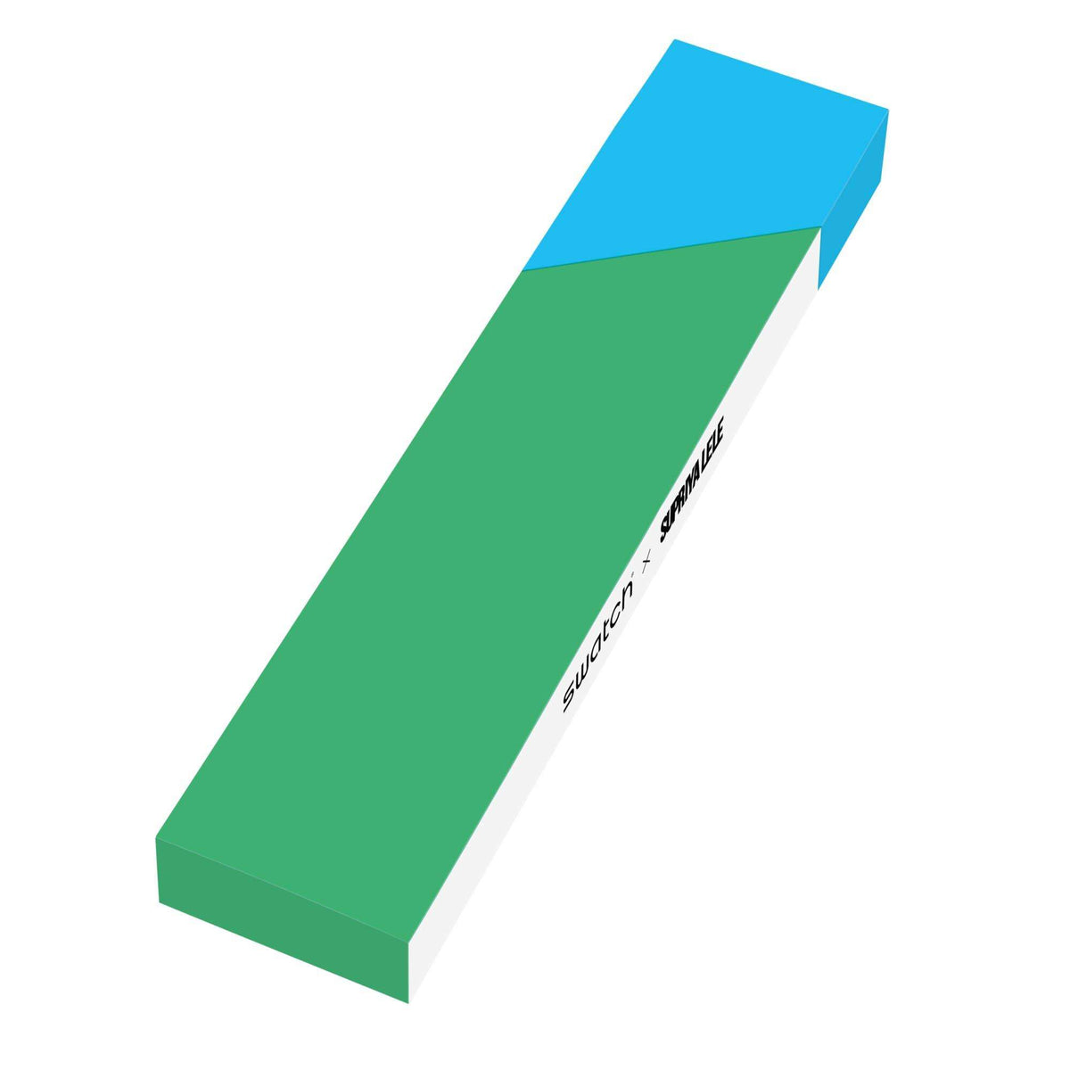 Watch display box in green and blue with printed label
