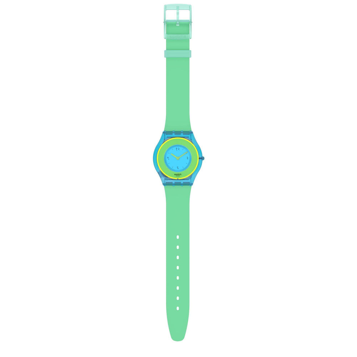 Unisex quartz watch on mint green silicone strap, blue dial with yellow bezel