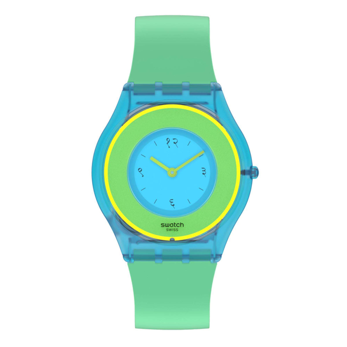 Unisex quartz watch with green silicone strap, blue dial, yellow bezel and hands
