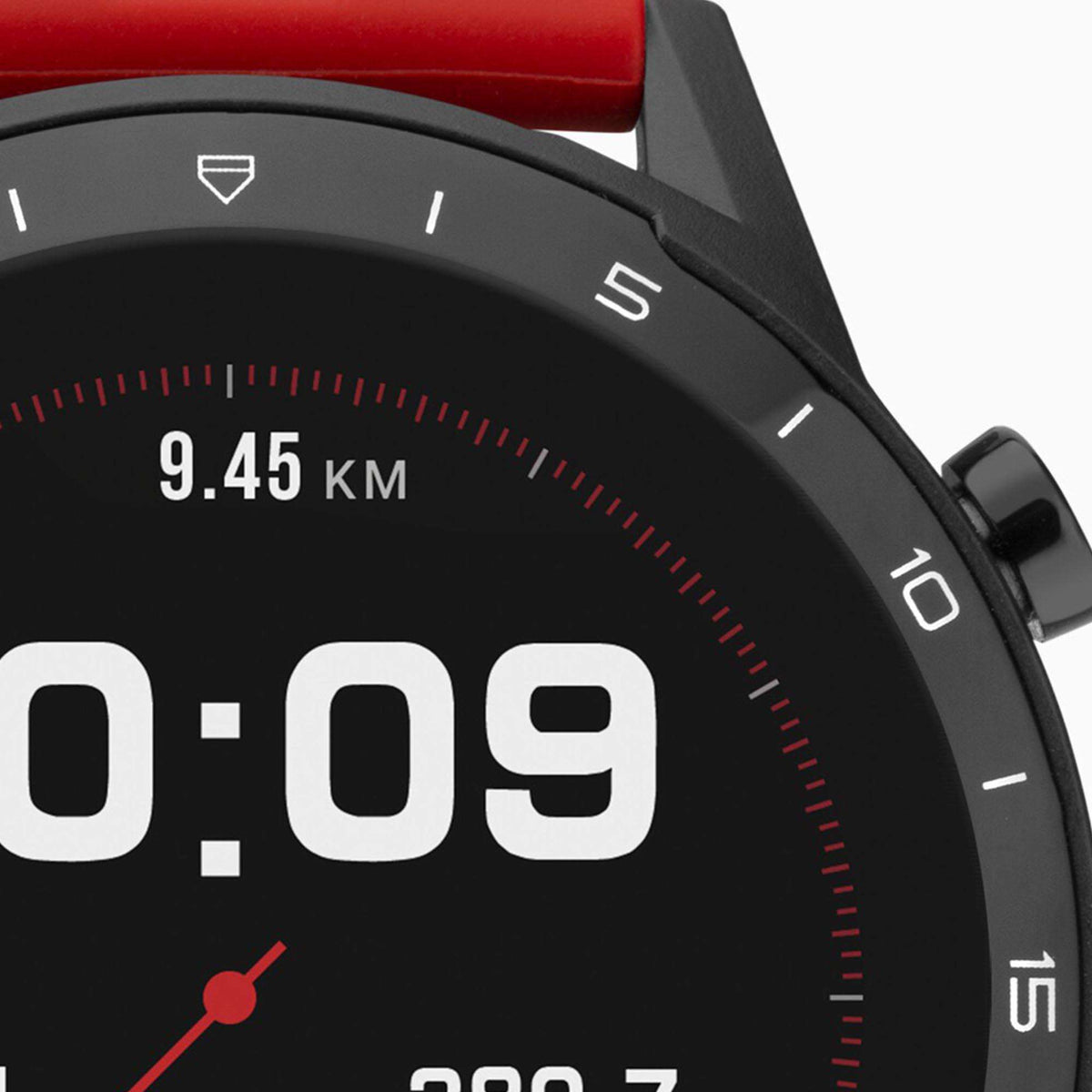 Close-up black smartwatch dial with red minute track and 09:09 time display