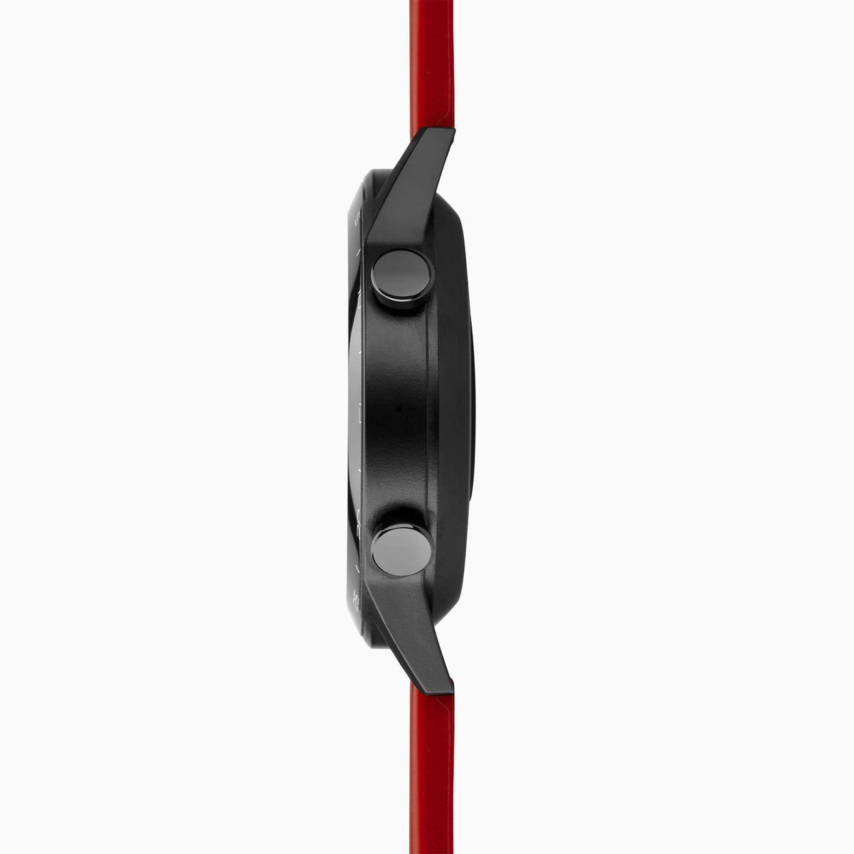 Black smartwatch case side view with buttons, red silicone strap