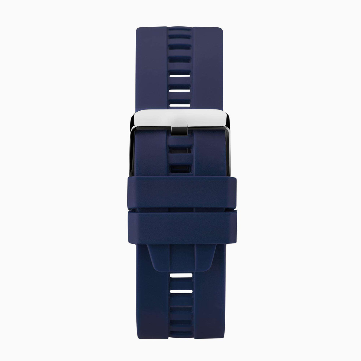 Men's smart watch rear view with dark blue silicone band and black case