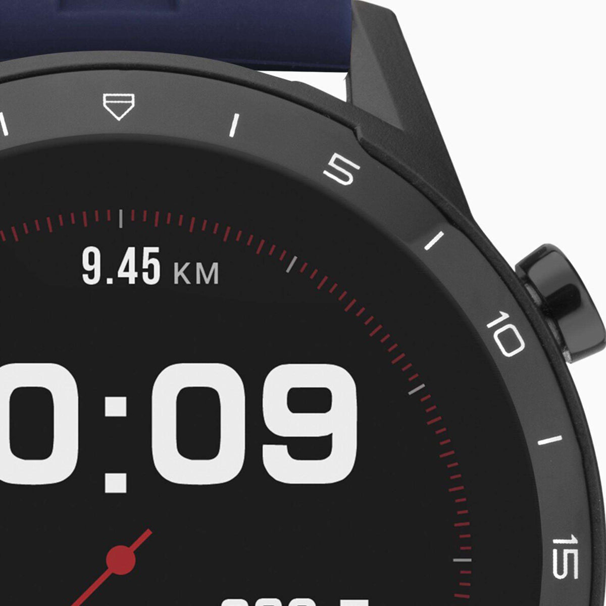 Close-up of black smart watch dial with large 10:09 time and red activity ring