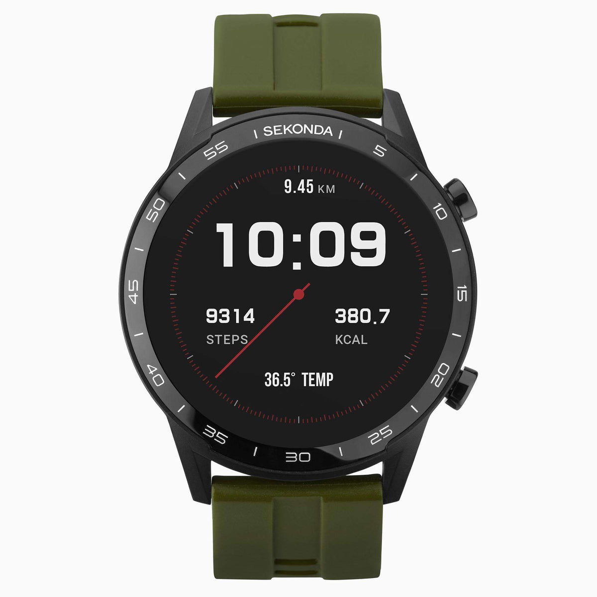 Smart watch front view: black case, green silicone strap, '10:09' time and steps shown