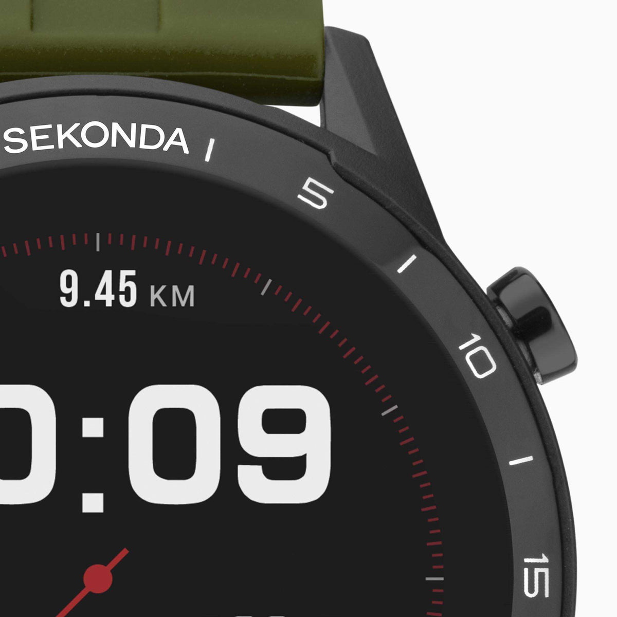 Black smartwatch dial close-up showing '9.45 KM' and '10:09' with red accents