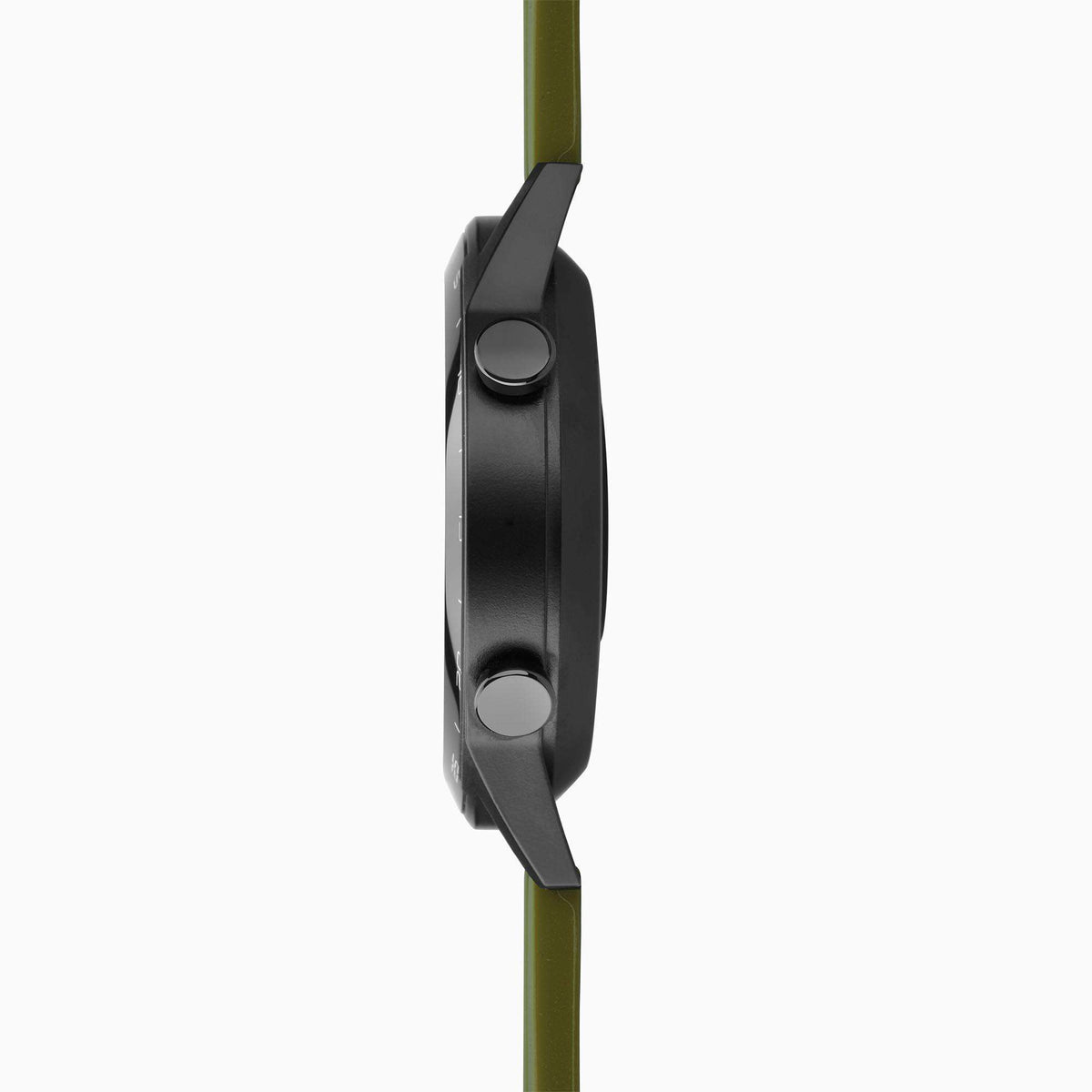 Black smartwatch side profile with green silicone strap and two side buttons