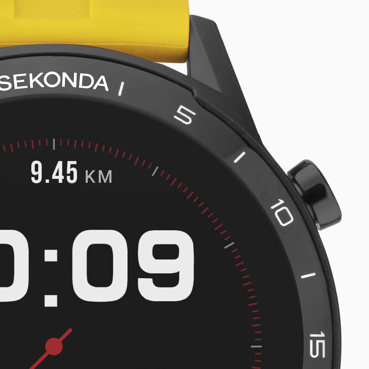 Close-up of black smartwatch face with red dial ring, 9.45 km and 10:09