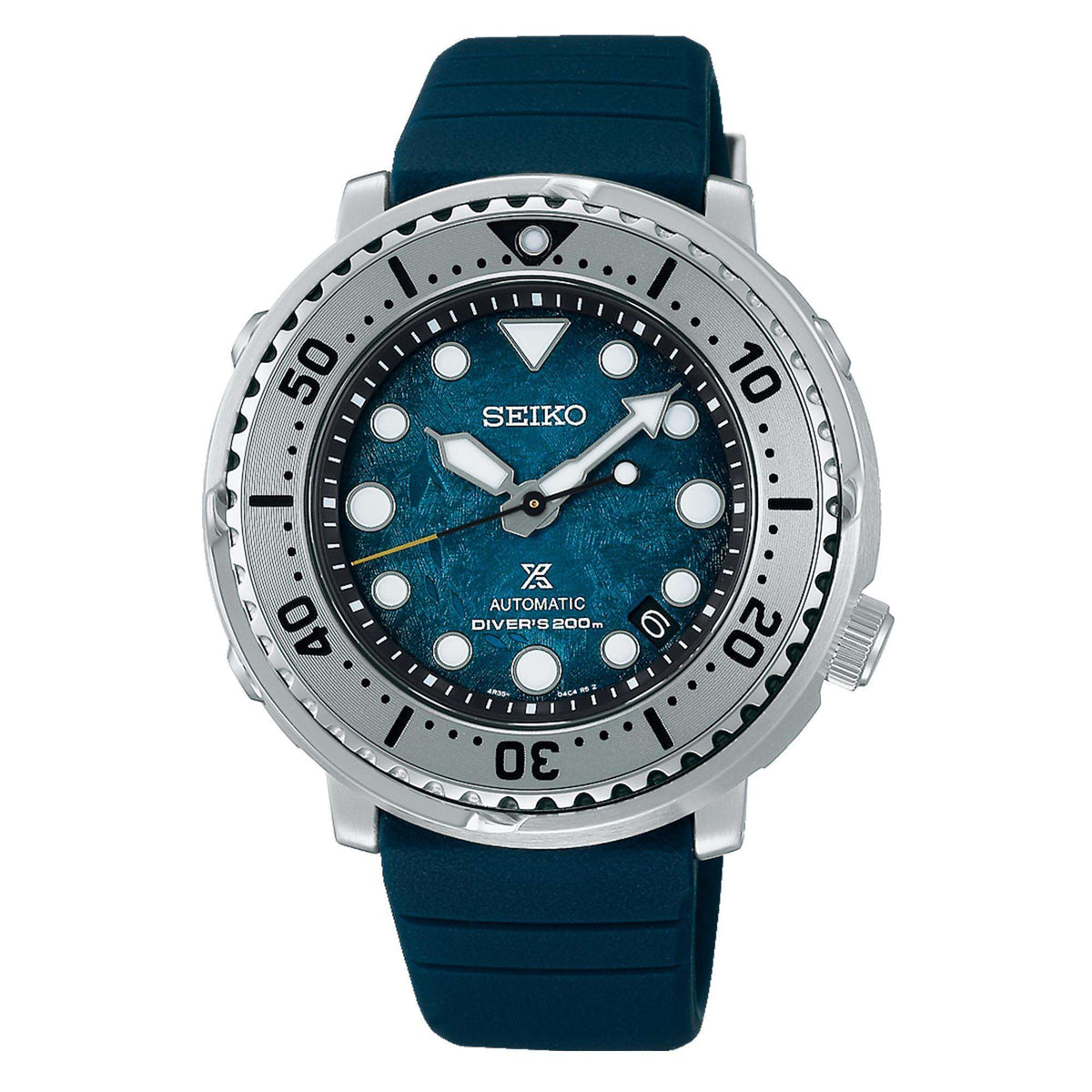 Men's automatic diver watch with blue dial, silver bezel, and dark navy silicone strap