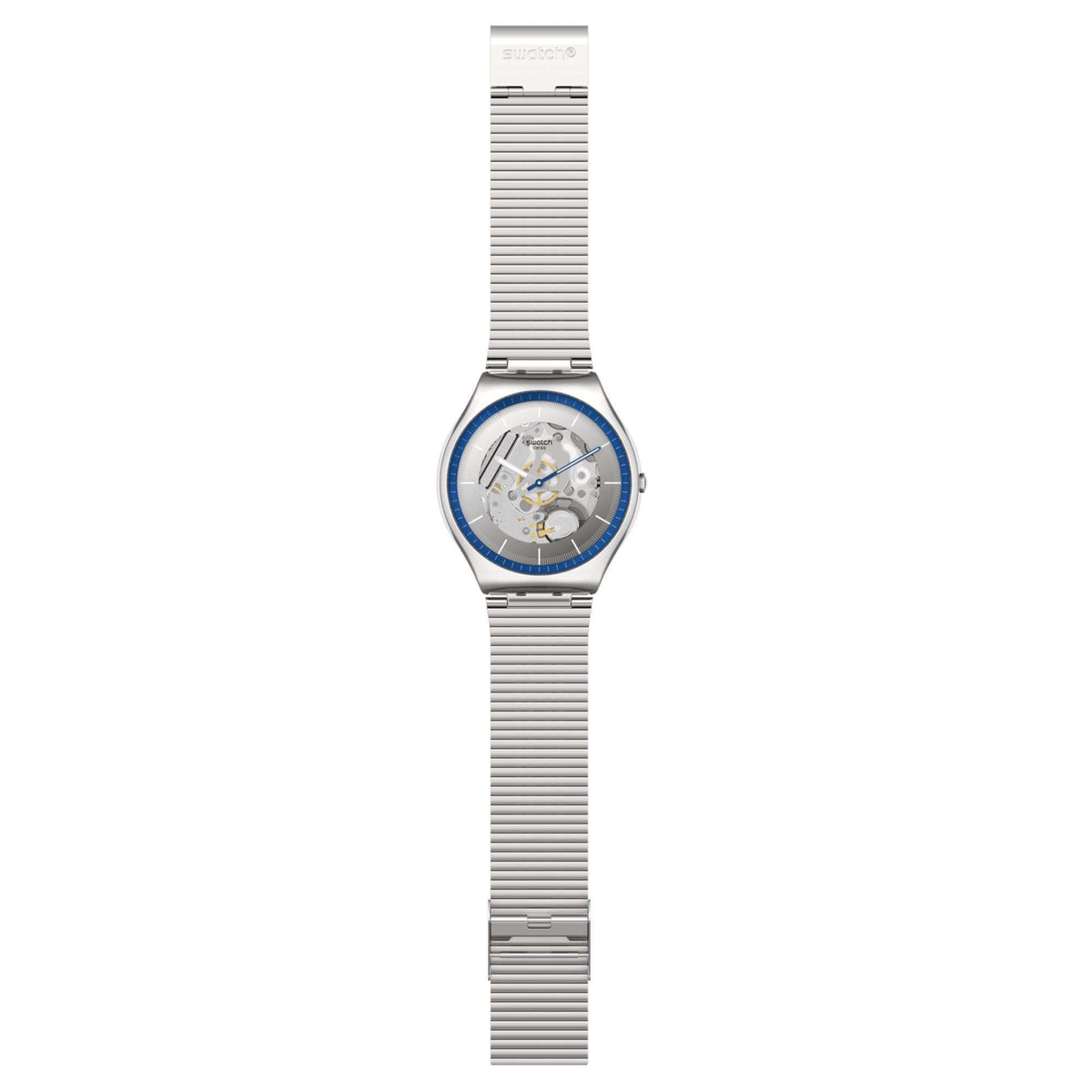 Swatch stainless steel watch front view with blue bezel and skeleton dial