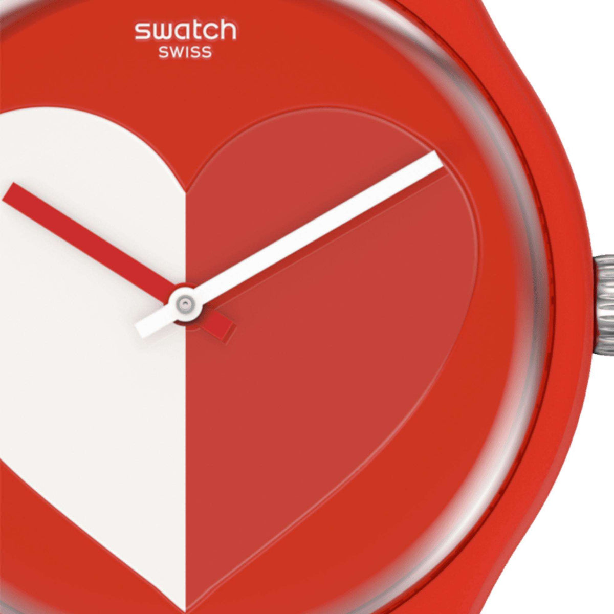 Heart-shaped red and white watch dial with white hands