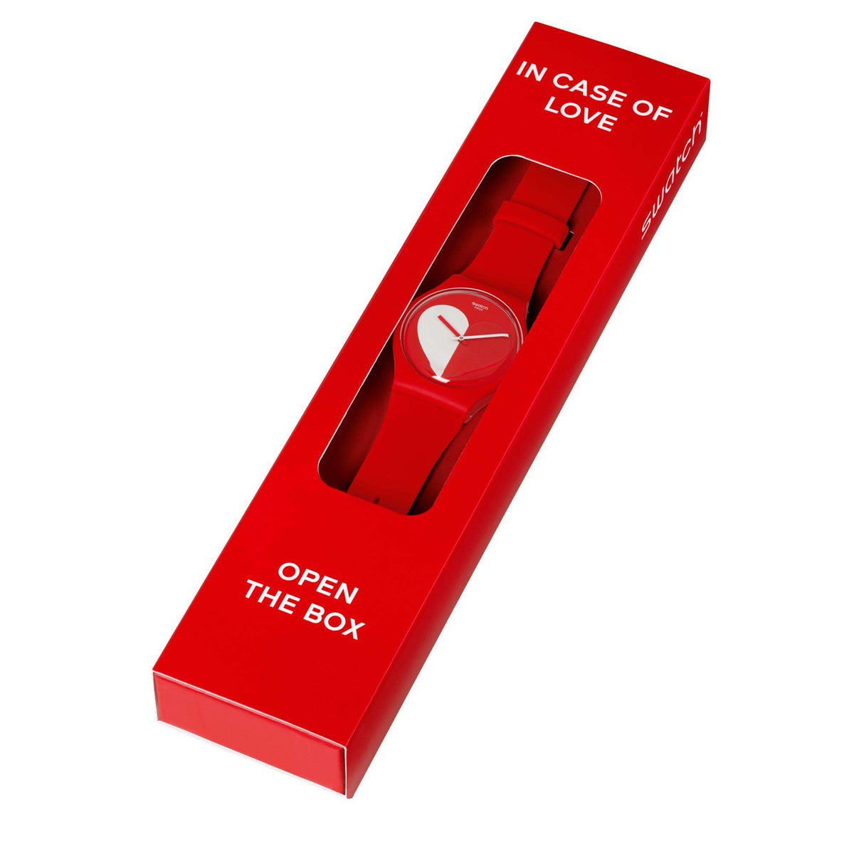 Red dial watch with strap shown in open box