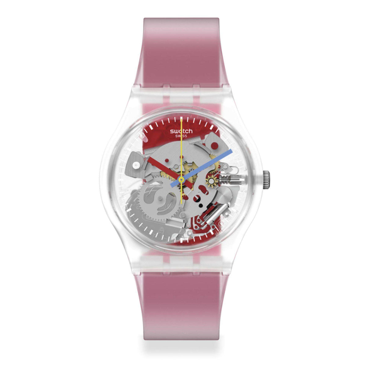 Swatch quartz watch with red striped transparent dial and pink translucent silicone strap