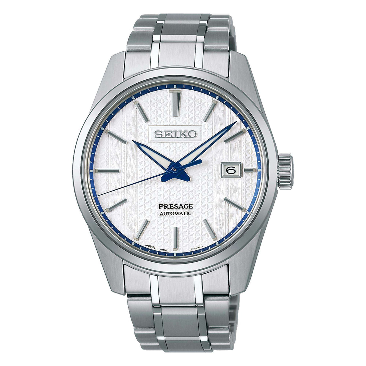 Men's stainless steel automatic watch with blue-accented bezel and white textured dial