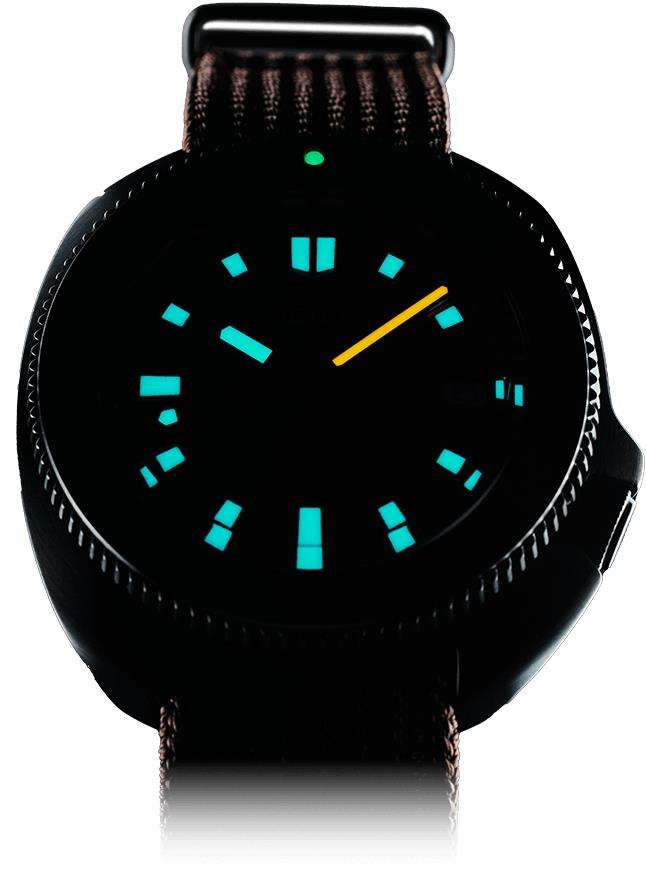 Seiko watch dial close-up with luminous hour markers and hands, brown textile strap