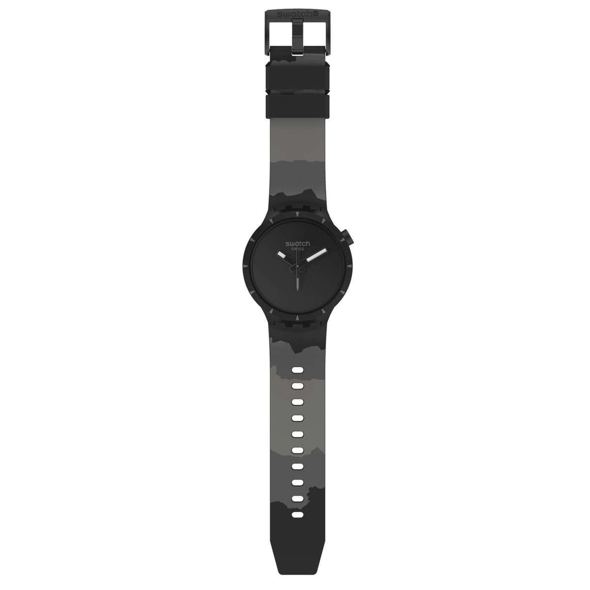 Side view of black dial watch with camo-pattern silicone strap and buckle