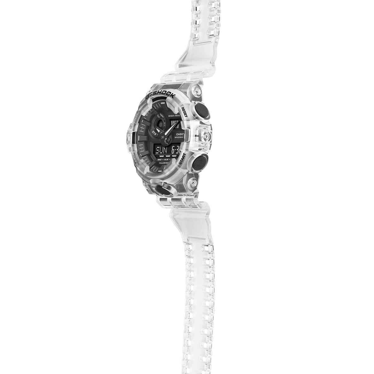 Casio G-Shock quartz watch on clear resin strap, angled side view