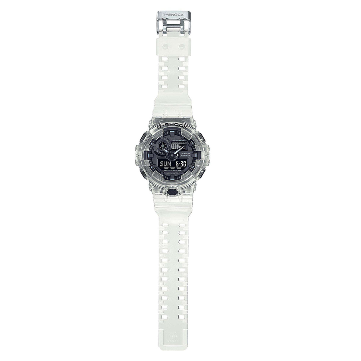 Casio G-Shock quartz watch on clear resin strap, side view