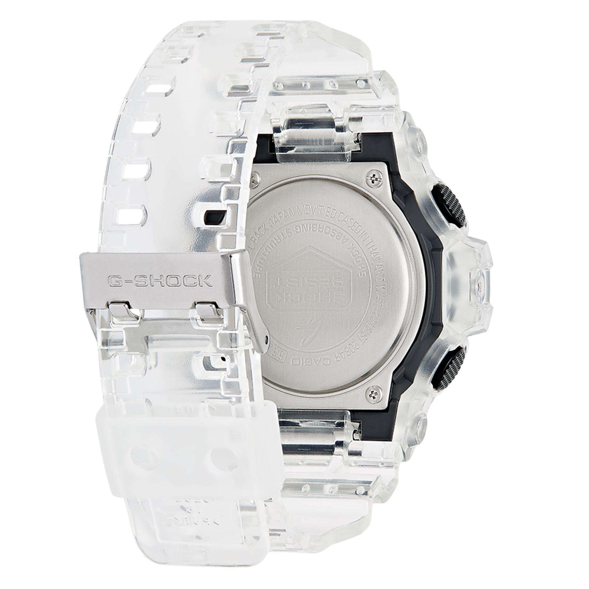 Casio G-Shock quartz watch back with stamped caseback and clear resin strap