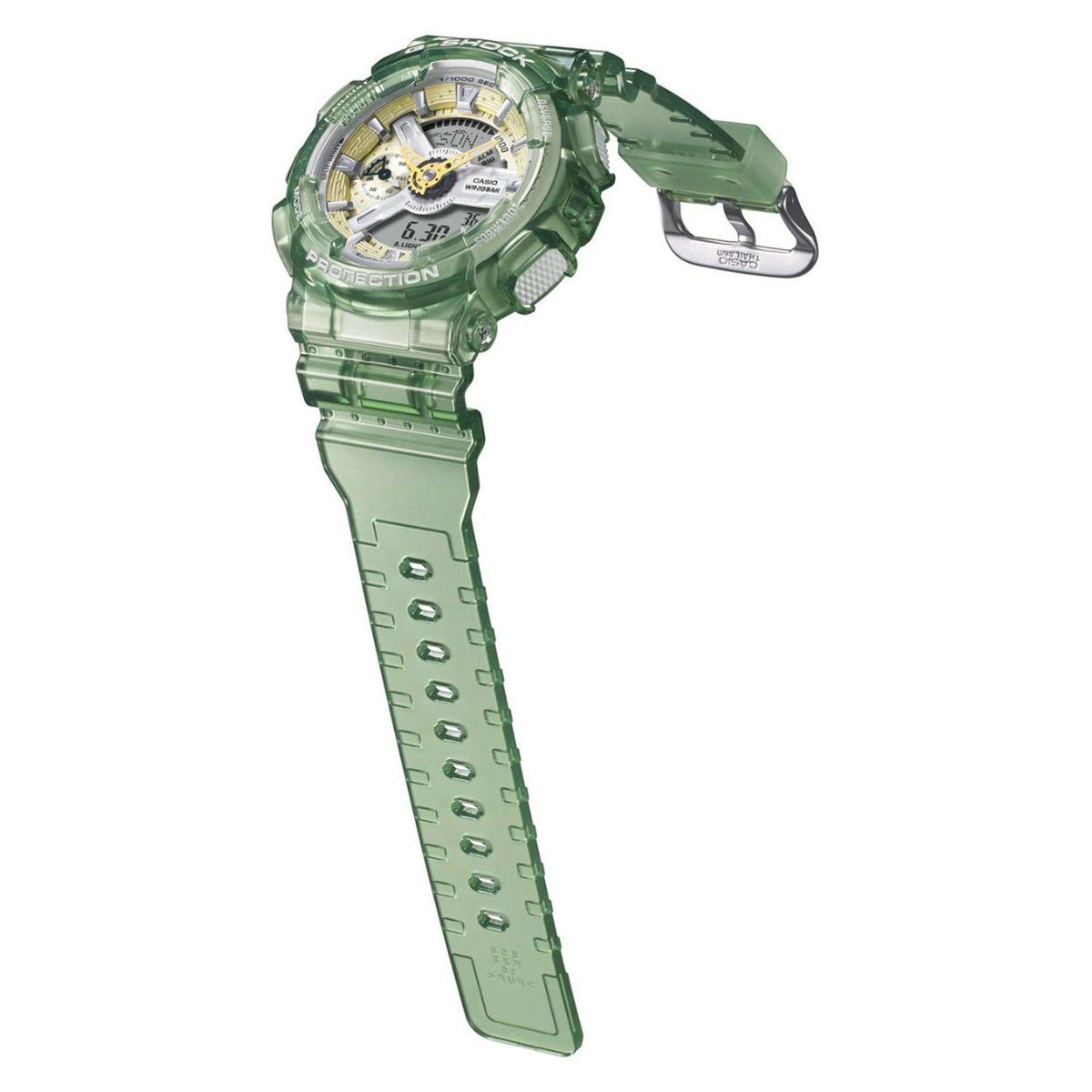 Green G-Shock watch angled profile with translucent case, silicone strap, and clasp