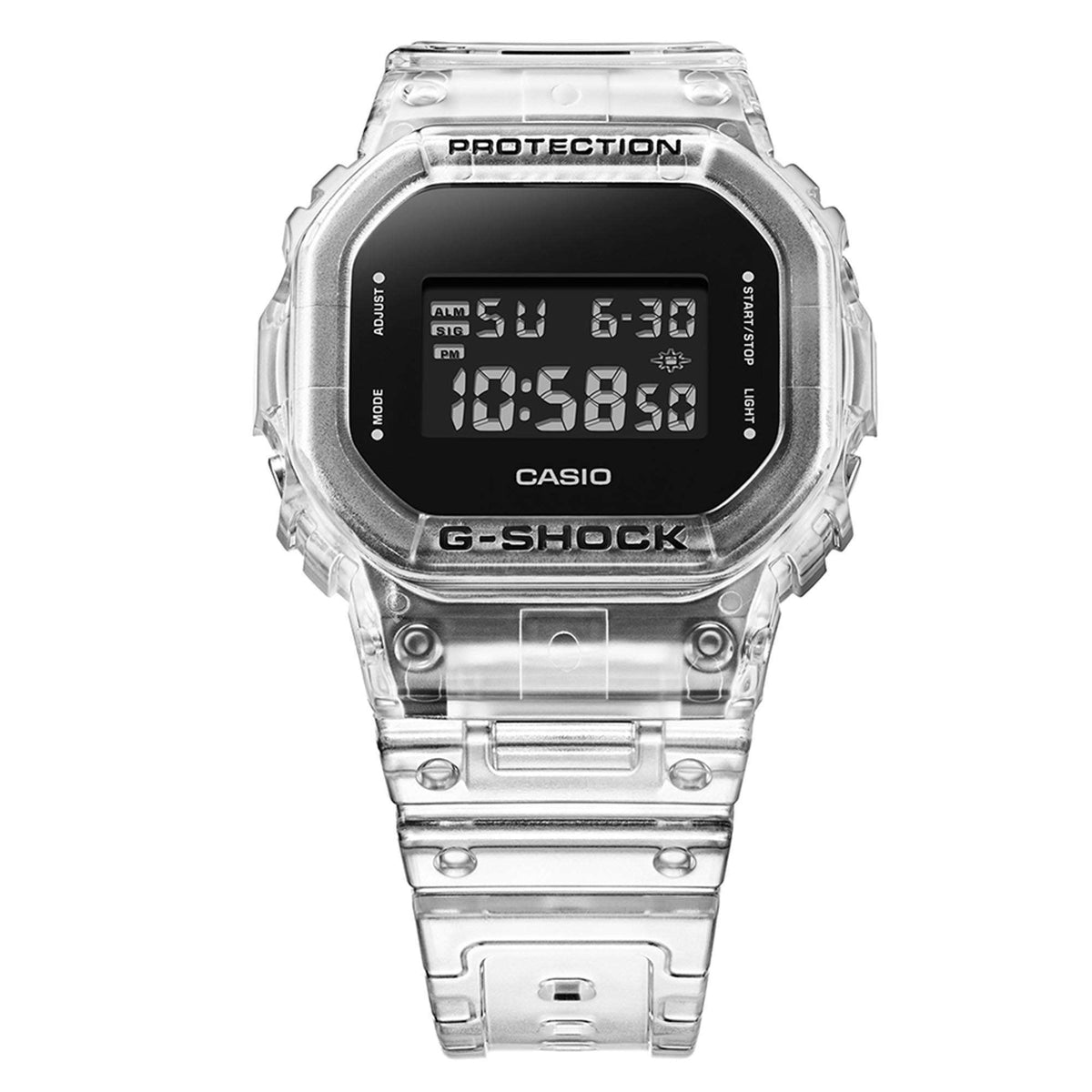 Casio G-Shock digital watch with transparent case, black LCD, and clear strap