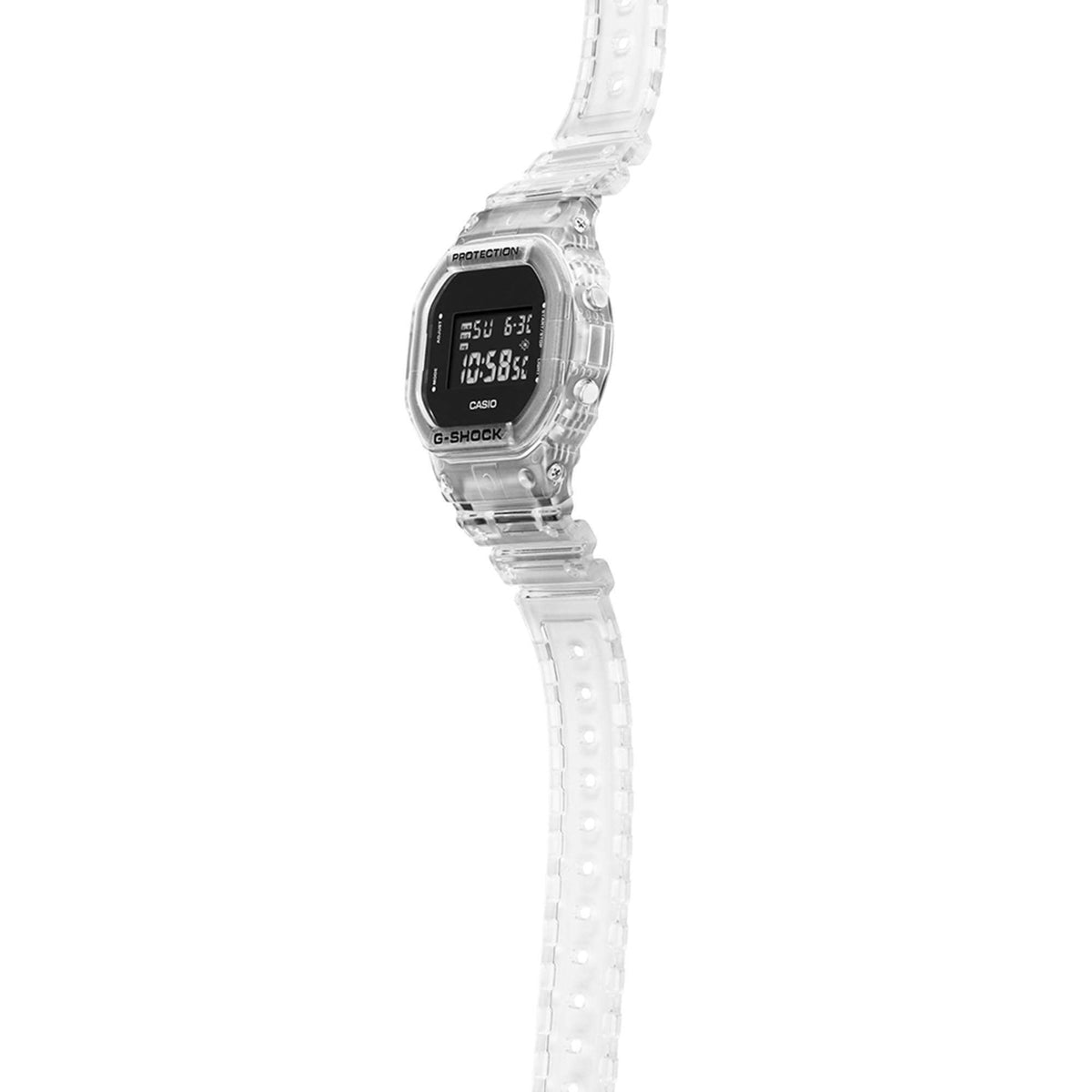 Casio G-Shock watch side profile with clear strap links and black LCD