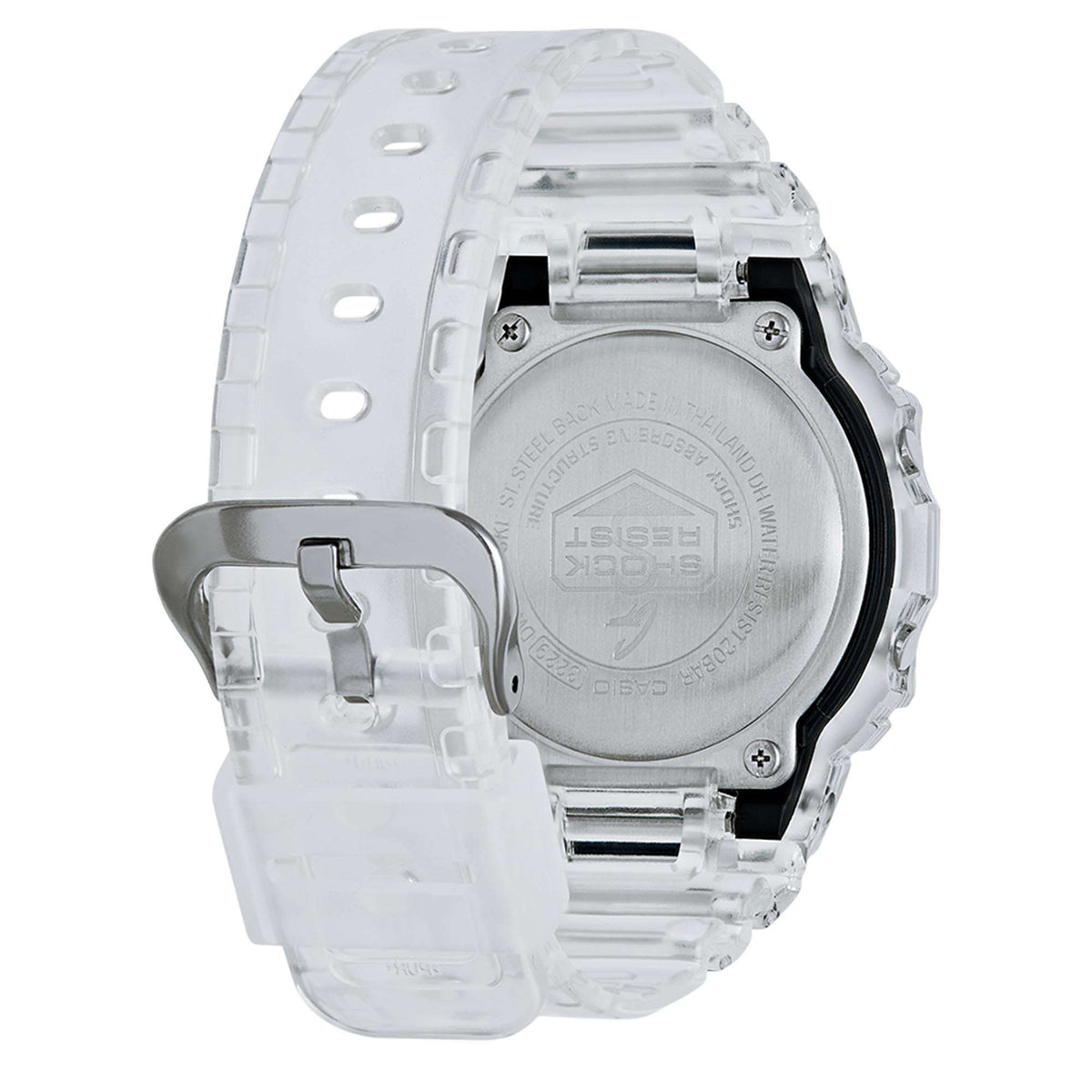Casio G-Shock watch back with clear case, metal back plate, and strap clasp