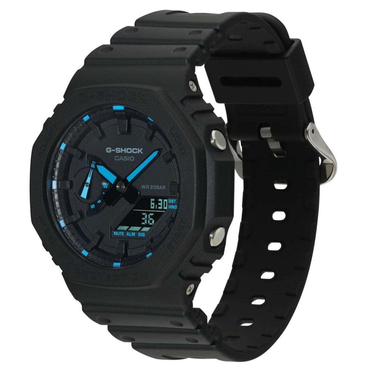 Men's G-Shock octagon digital watch with black resin strap and blue accents