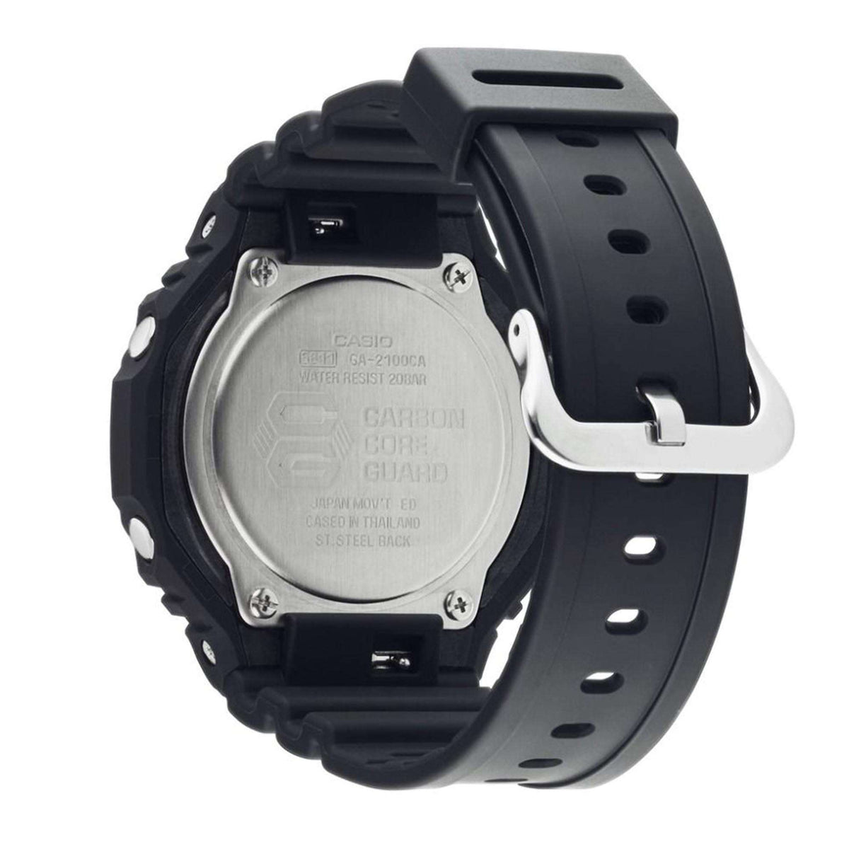 Men's black resin watch case back with metal plate and screw details
