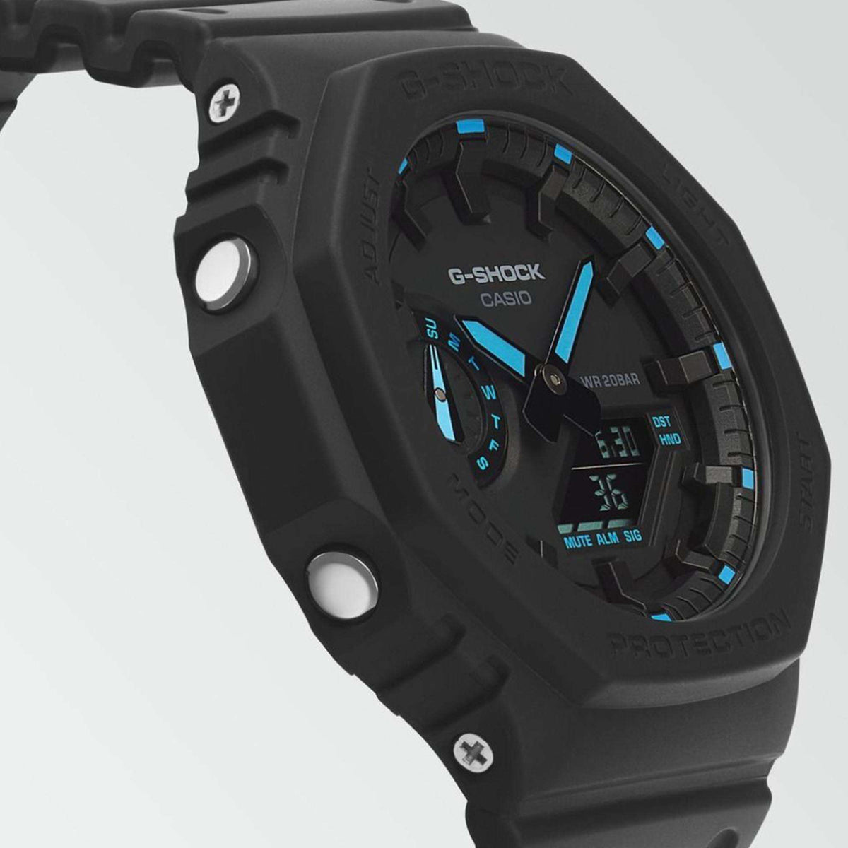 Black resin octagon watch case with blue-accent digital display and dials