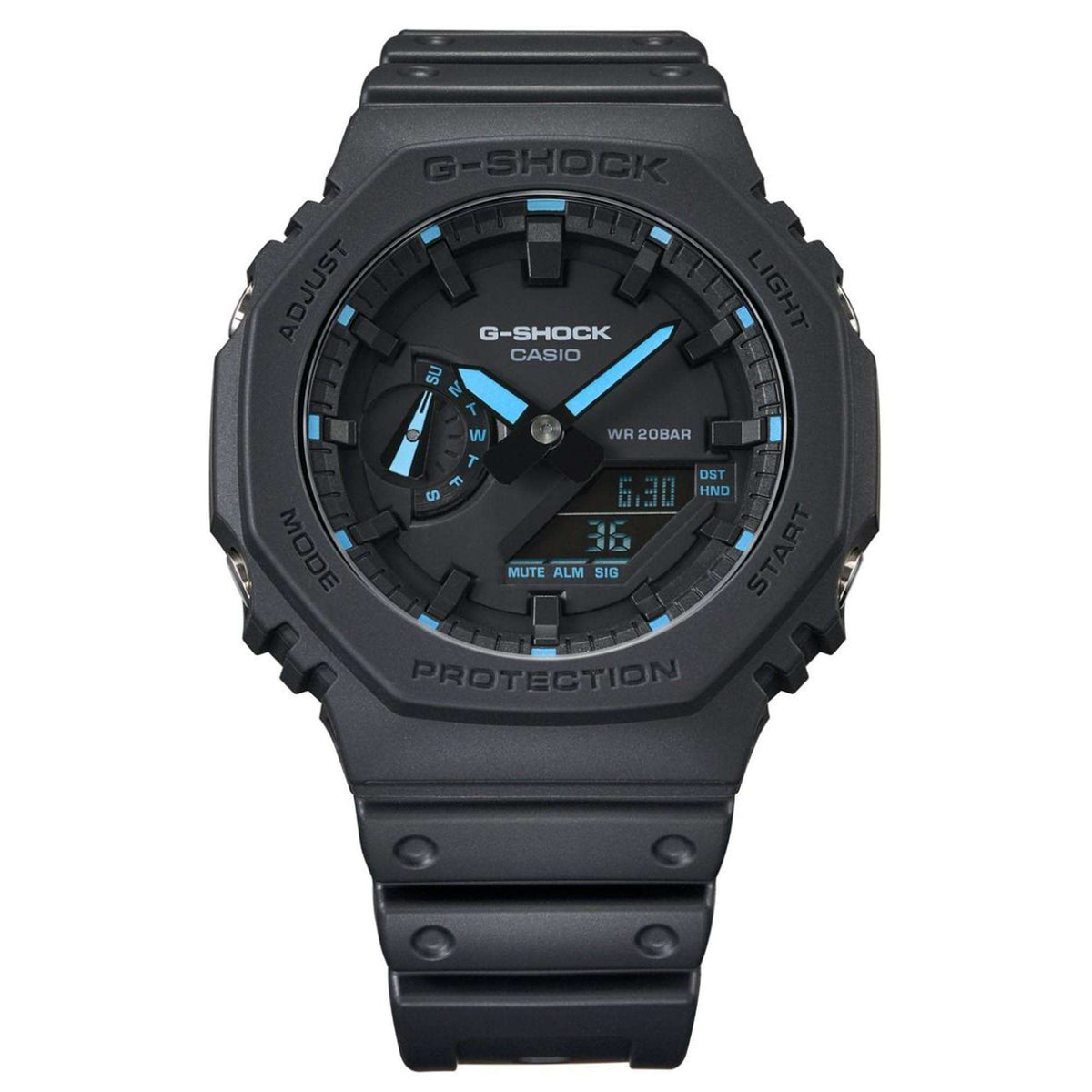 Men's G-Shock Casio digital watch, black octagon resin case with blue highlights