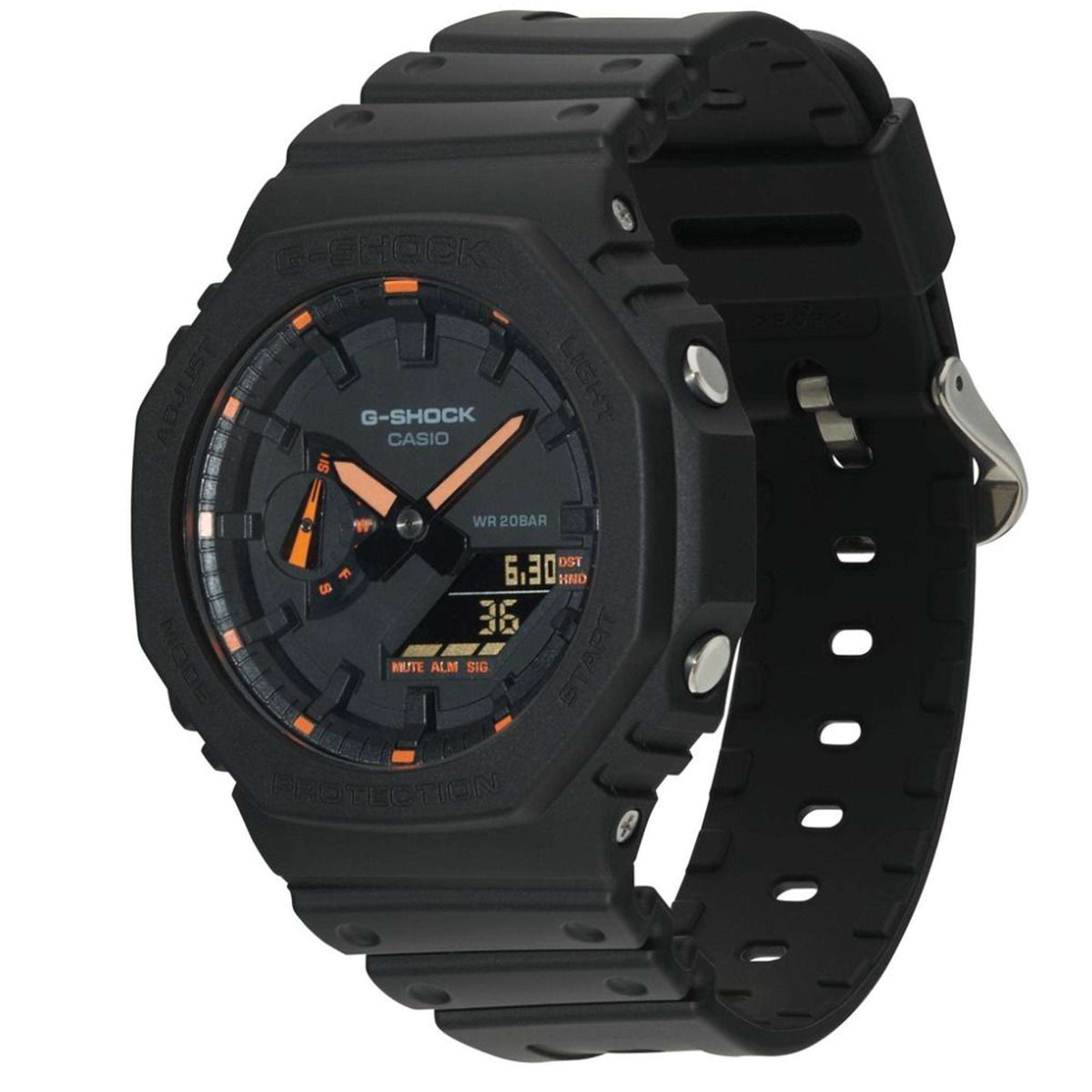 Men's dark grey side view sports watch with orange dial accents and silicone strap