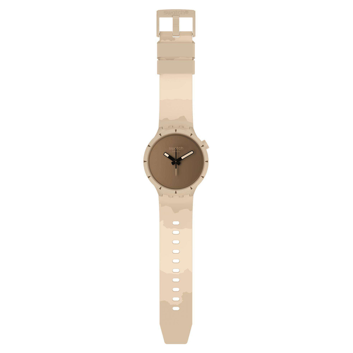 Swatch wristwatch with beige silicone strap and brown dial, front view.