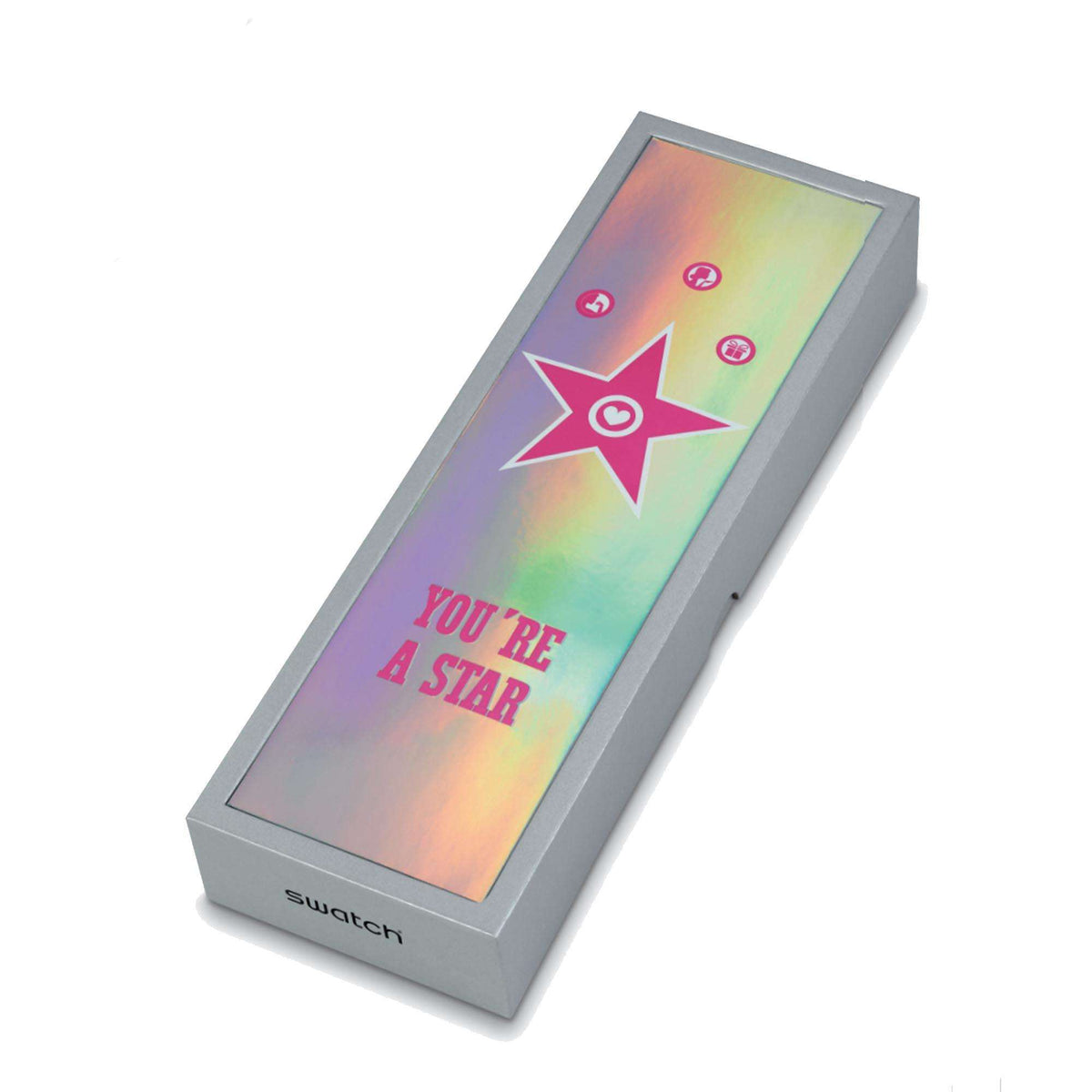 Ladies quartz watch in box with rainbow pink star dial and pink silicone strap