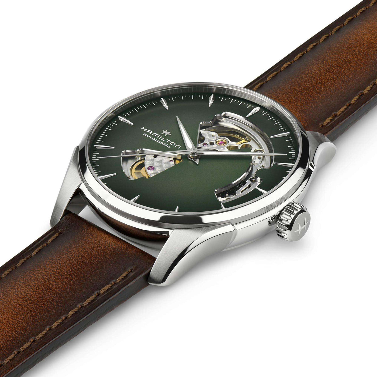 Hamilton Jazzmaster 40mm Open Heart smoked green dial brown leather automatic watch H32675560