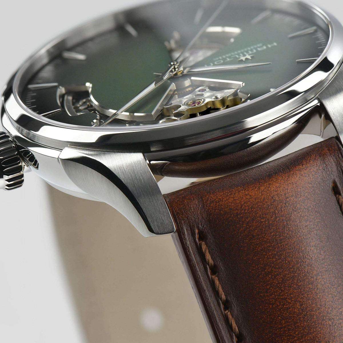 Hamilton Jazzmaster 40mm H32675560 Open Heart smoked green dial brown leather automatic watch