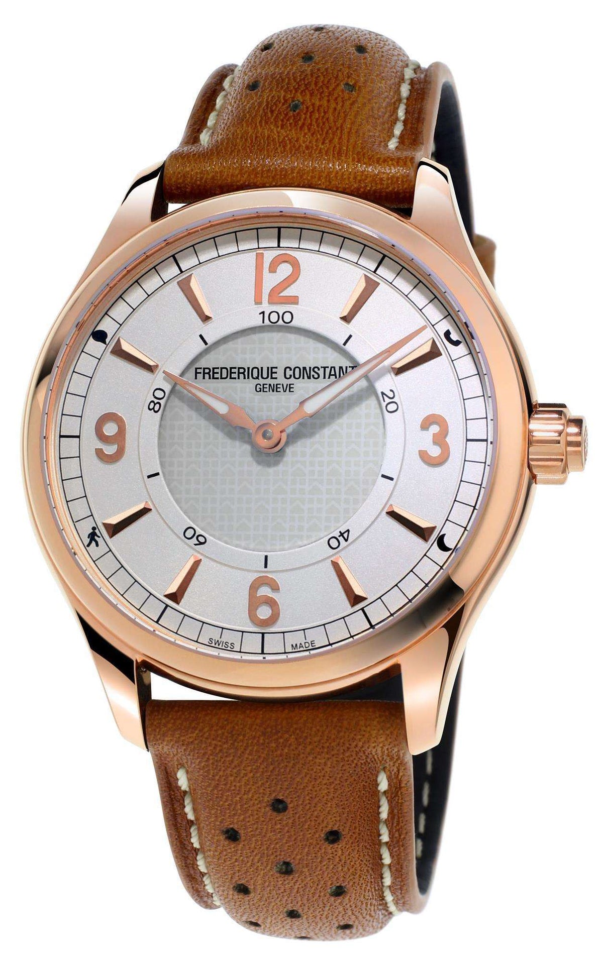 Frederique Constant FC-282AS5B4 rose gold mens horological smartwatch with brown leather strap, silver dial and rose gold hands